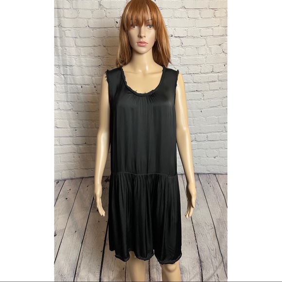 New $390 Raquel Allegra Black Satin Raw Edge DRESS - Picture 1 of 11